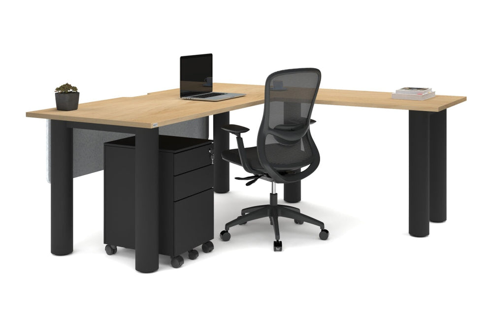 Quadro Cylinder Leg - L Shaped Corner Office Desk  [1800L x 1550W with Cable Scallop]-black leg dark oak metal modesty panel