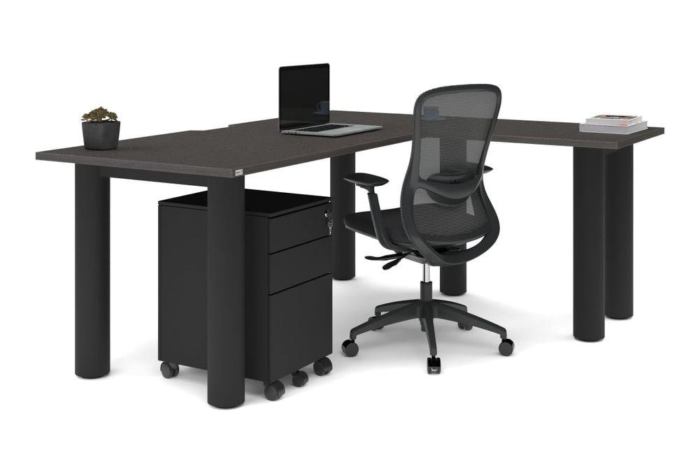 Quadro Cylinder Leg - L Shaped Corner Office Desk  [1800L x 1550W with Cable Scallop]-black leg dark oak metal modesty panel