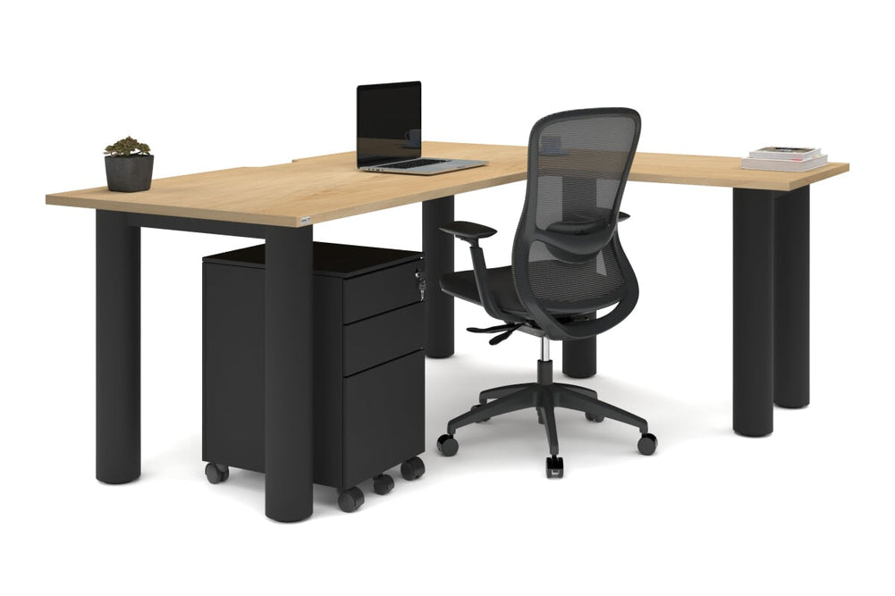 Quadro Cylinder Leg - L Shaped Corner Office Desk  [1800L x 1550W with Cable Scallop]-black leg dark oak metal modesty panel