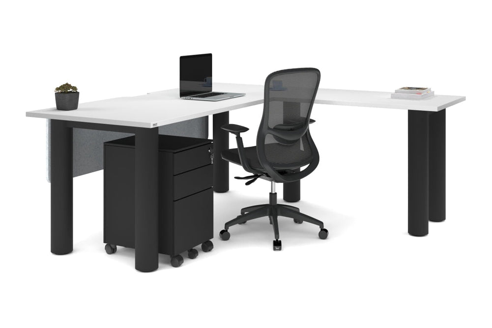 Quadro Cylinder Leg - L Shaped Corner Office Desk  [1800L x 1550W with Cable Scallop]-black leg dark oak metal modesty panel