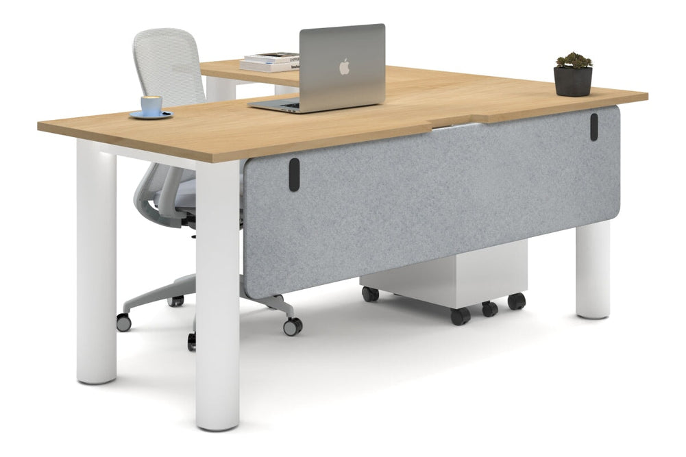 Quadro Cylinder Leg - L Shaped Corner Office Desk  [1800L x 1550W with Cable Scallop]-white leg maple light grey acoustic modesty panel (350H x 1600W)