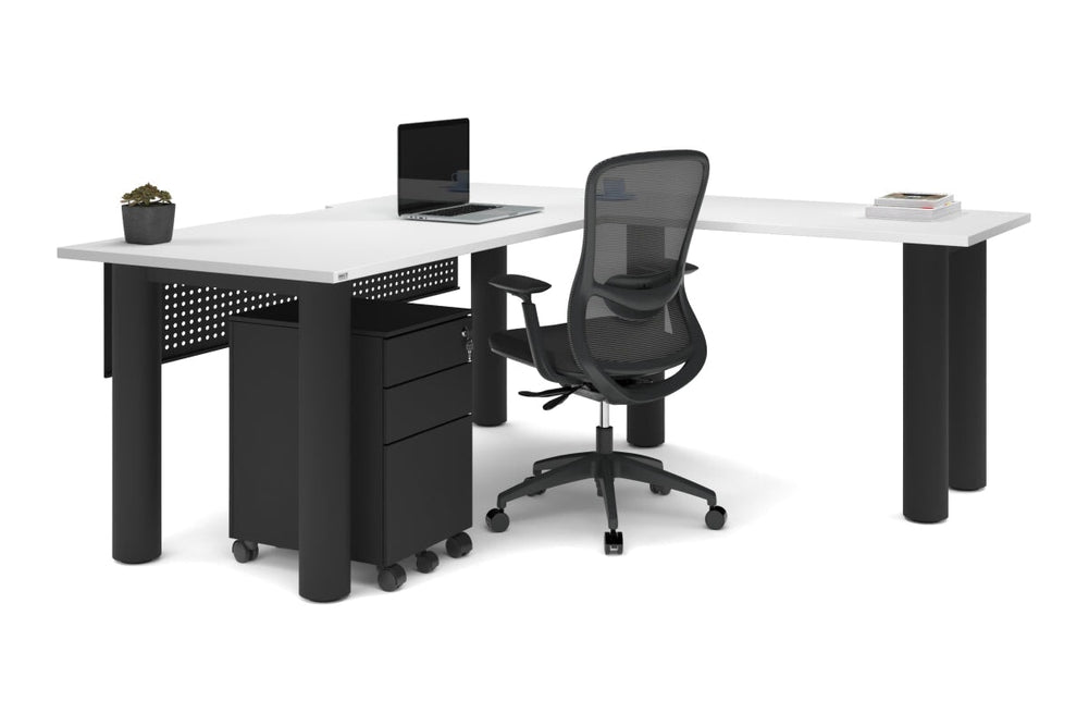 Quadro Cylinder Leg - L Shaped Corner Office Desk  [1800L x 1550W with Cable Scallop]-black leg dark oak metal modesty panel