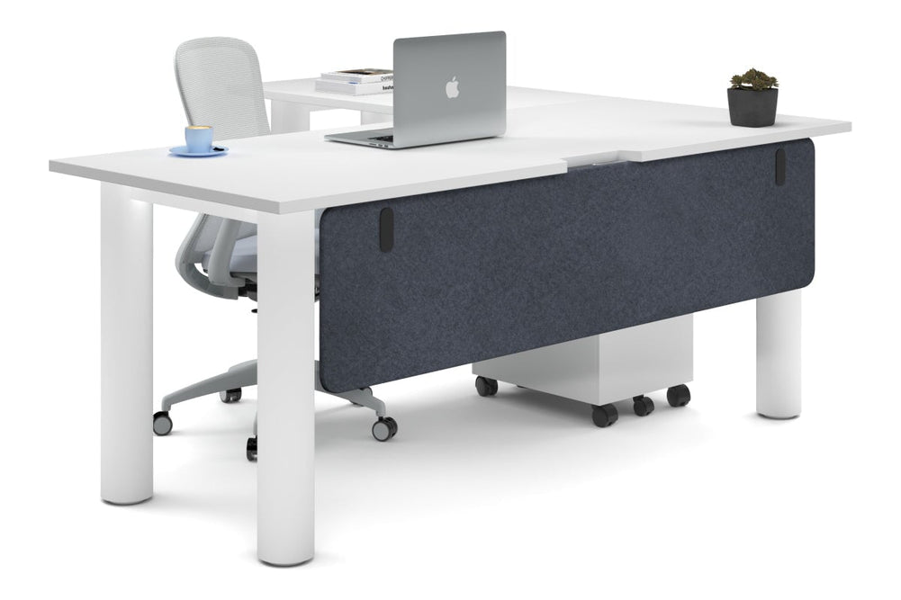 Quadro Cylinder Leg - L Shaped Corner Office Desk  [1800L x 1550W with Cable Scallop]-white leg white dark grey acoustic modesty panel (350H x 1600W)