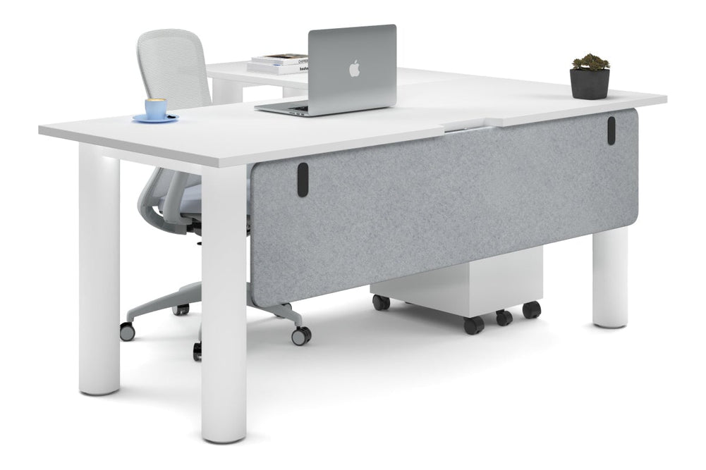 Quadro Cylinder Leg - L Shaped Corner Office Desk  [1800L x 1550W with Cable Scallop]-white leg white light grey acoustic modesty panel (350H x 1600W)