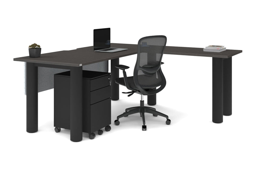 Quadro Cylinder Leg - L Shaped Corner Office Desk  [1800L x 1550W with Cable Scallop]-black leg dark oak metal modesty panel