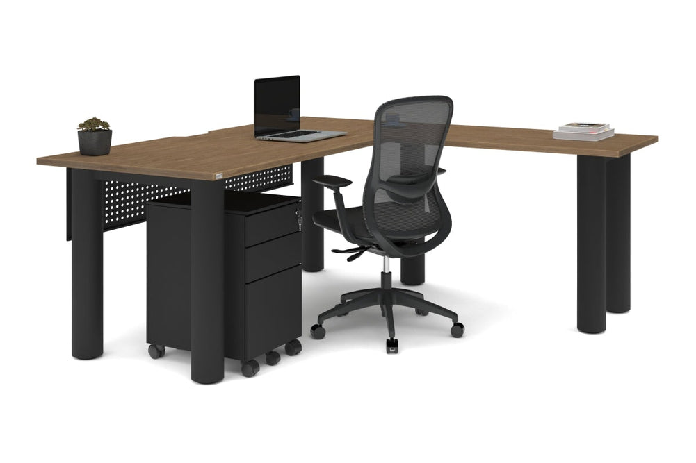 Quadro Cylinder Leg - L Shaped Corner Office Desk  [1800L x 1550W with Cable Scallop]-black leg dark oak metal modesty panel