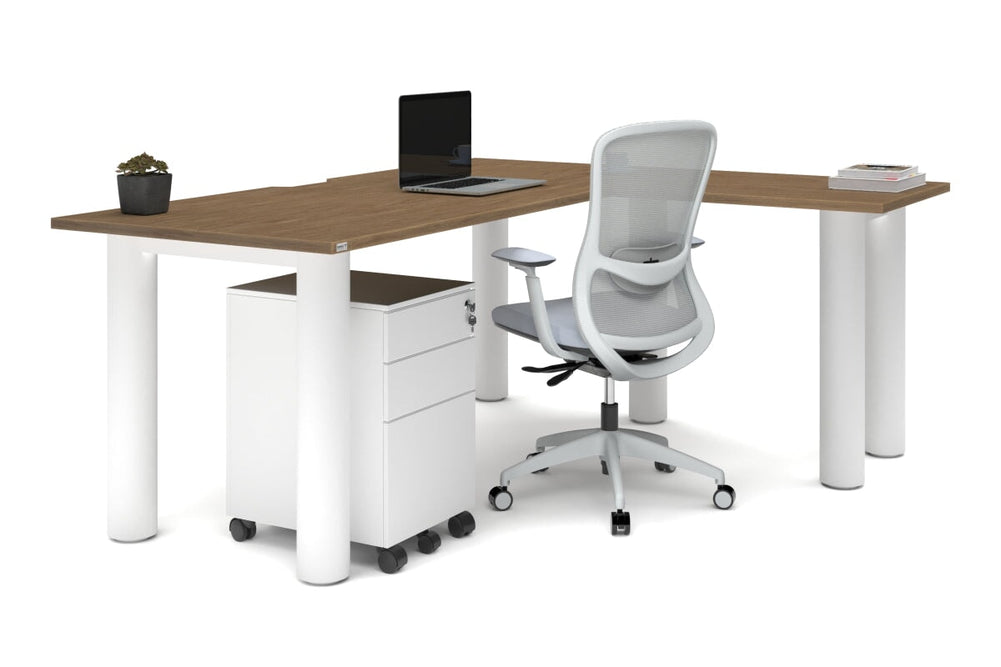 Quadro Cylinder Leg - L Shaped Corner Office Desk  [1800L x 1550W with Cable Scallop]-black leg dark oak metal modesty panel