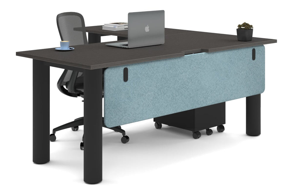Quadro Cylinder Leg - L Shaped Corner Office Desk  [1800L x 1550W with Cable Scallop]-black leg dark oak blue acoustic modesty panel (350H x 1600W)