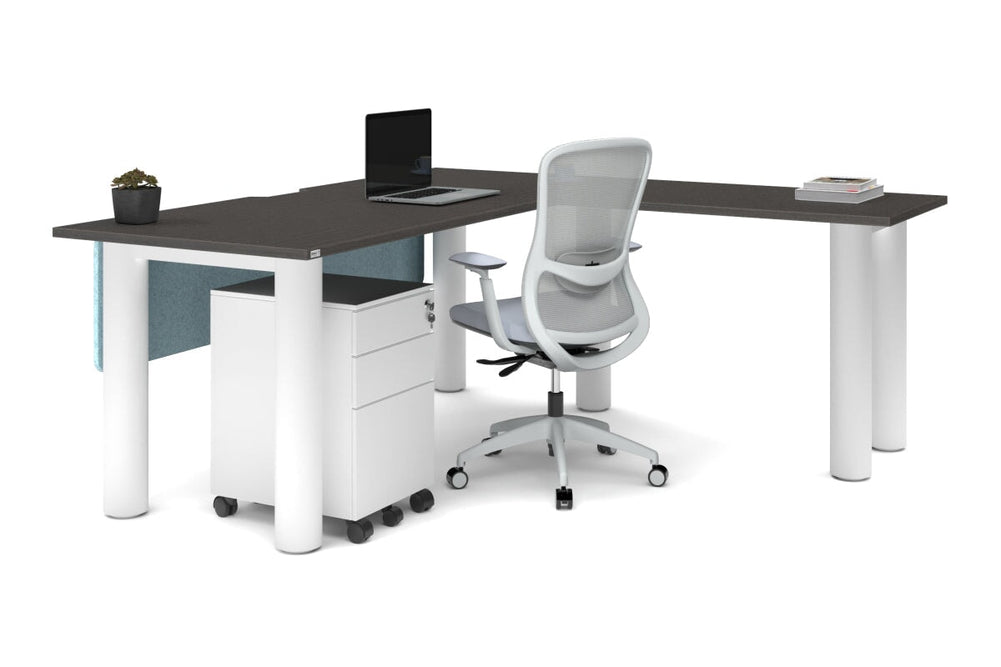 Quadro Cylinder Leg - L Shaped Corner Office Desk  [1800L x 1550W with Cable Scallop]-black leg dark oak metal modesty panel