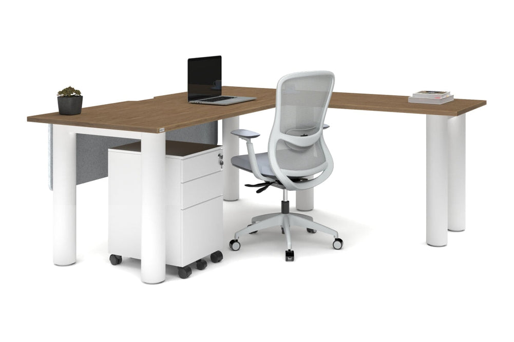 Quadro Cylinder Leg - L Shaped Corner Office Desk  [1800L x 1550W with Cable Scallop]-black leg dark oak metal modesty panel