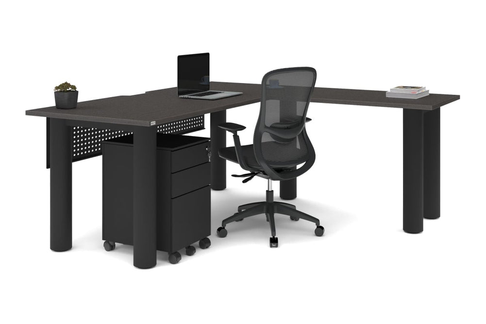 Quadro Cylinder Leg - L Shaped Corner Office Desk  [1800L x 1550W with Cable Scallop]-black leg dark oak metal modesty panel