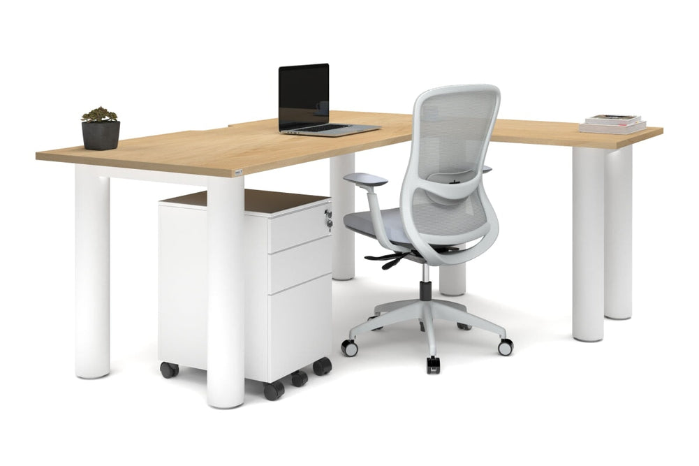 Quadro Cylinder Leg - L Shaped Corner Office Desk  [1800L x 1550W with Cable Scallop]-black leg dark oak metal modesty panel