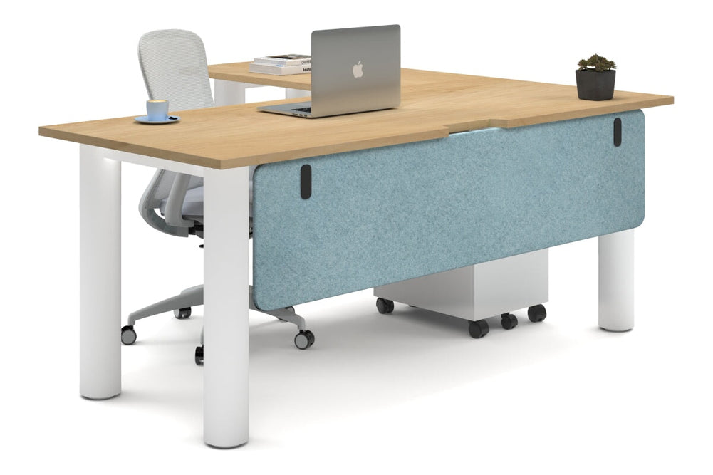 Quadro Cylinder Leg - L Shaped Corner Office Desk  [1800L x 1550W with Cable Scallop]-white leg maple blue acoustic modesty panel (350H x 1600W)