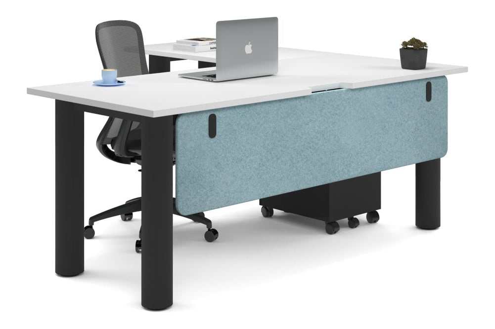 Quadro Cylinder Leg - L Shaped Corner Office Desk  [1800L x 1550W with Cable Scallop]-black leg white blue acoustic modesty panel (350H x 1600W)
