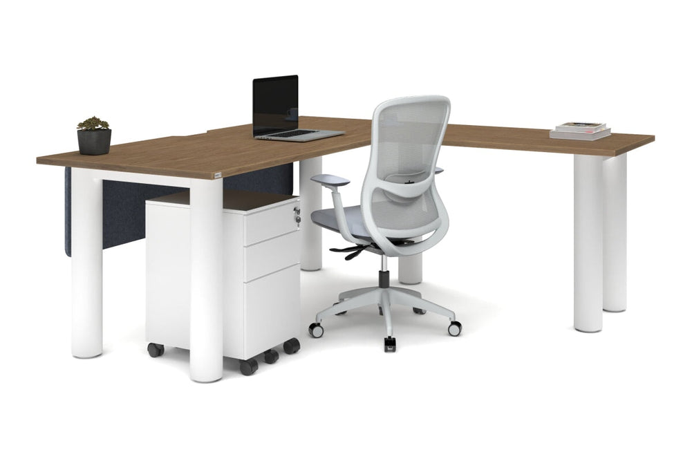 Quadro Cylinder Leg - L Shaped Corner Office Desk  [1800L x 1550W with Cable Scallop]-black leg dark oak metal modesty panel