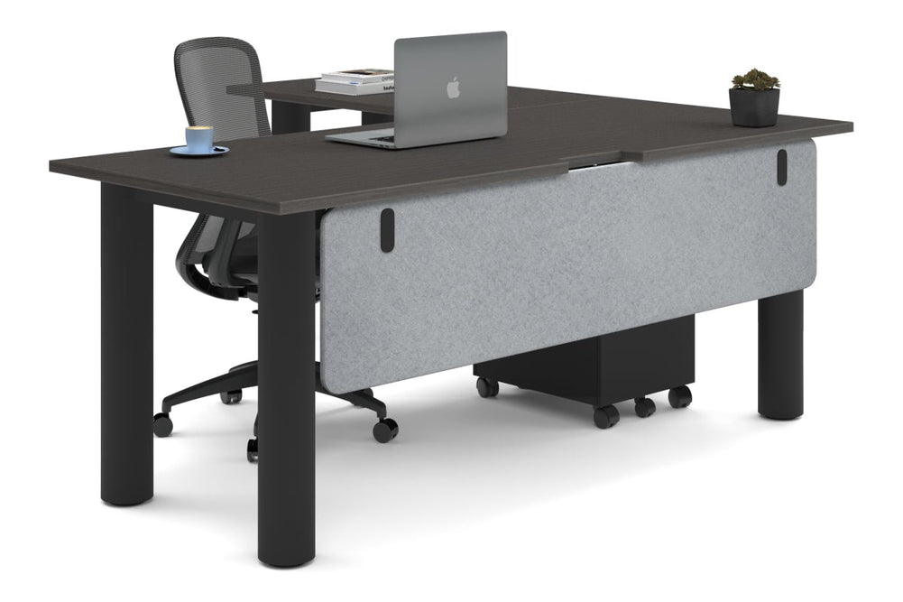 Quadro Cylinder Leg - L Shaped Corner Office Desk  [1800L x 1550W with Cable Scallop]-black leg dark oak light grey acoustic modesty panel (350H x 1600W)