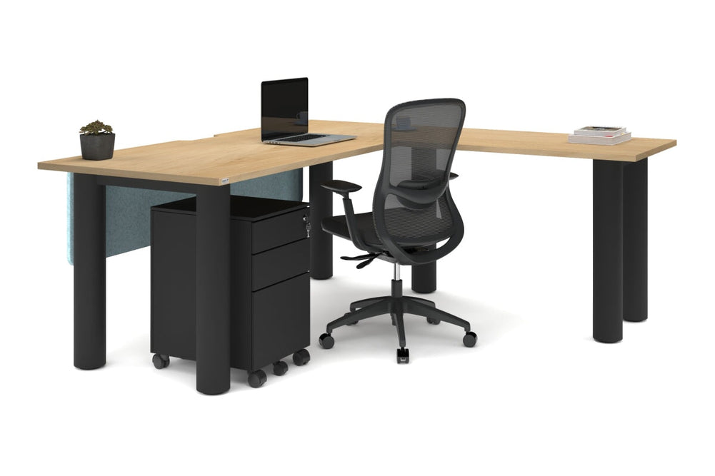 Quadro Cylinder Leg - L Shaped Corner Office Desk  [1800L x 1550W with Cable Scallop]-black leg dark oak metal modesty panel
