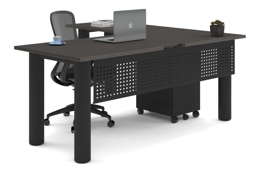 Quadro Cylinder Leg - L Shaped Corner Office Desk  [1800L x 1550W with Cable Scallop]-black leg dark oak metal modesty panel
