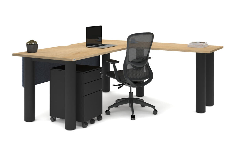 Quadro Cylinder Leg - L Shaped Corner Office Desk  [1800L x 1550W with Cable Scallop]-black leg dark oak metal modesty panel