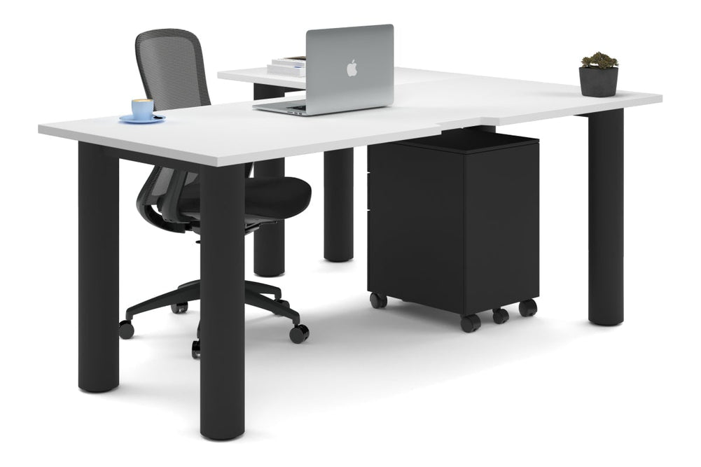 Quadro Cylinder Leg - L Shaped Corner Office Desk  [1800L x 1550W with Cable Scallop]-black leg white none