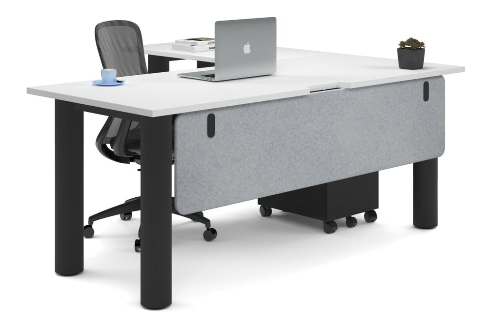 Quadro Cylinder Leg - L Shaped Corner Office Desk  [1800L x 1550W with Cable Scallop]-black leg white light grey acoustic modesty panel (350H x 1600W)