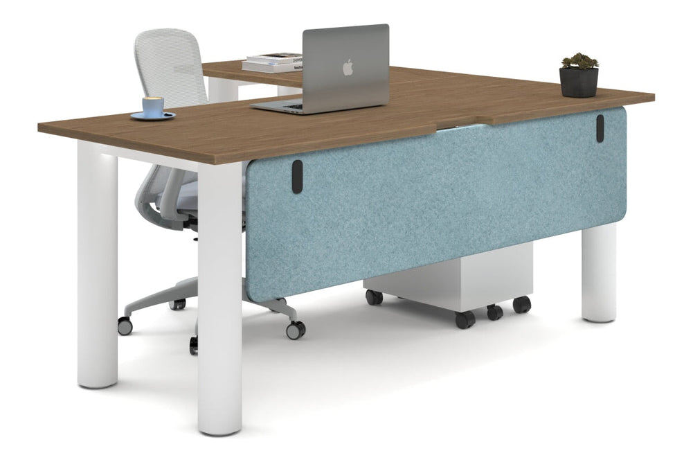 Quadro Cylinder Leg - L Shaped Corner Office Desk  [1800L x 1550W with Cable Scallop]-white leg salvage oak blue acoustic modesty panel (350H x 1600W)