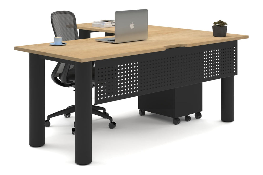 Quadro Cylinder Leg - L Shaped Corner Office Desk  [1800L x 1550W with Cable Scallop]-black leg maple metal modesty panel