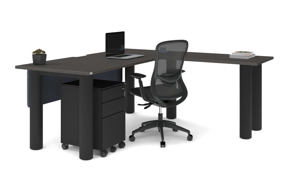 Quadro Cylinder Leg - L Shaped Corner Office Desk  [1800L x 1550W with Cable Scallop]-black leg dark oak metal modesty panel