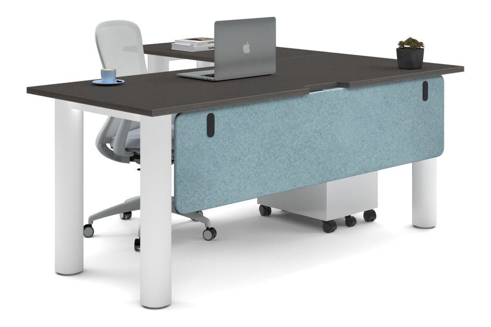 Quadro Cylinder Leg - L Shaped Corner Office Desk  [1800L x 1550W with Cable Scallop]-white leg dark oak blue acoustic modesty panel (350H x 1600W)