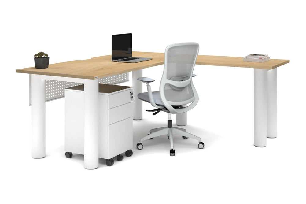 Quadro Cylinder Leg - L Shaped Corner Office Desk  [1800L x 1550W with Cable Scallop]-black leg dark oak metal modesty panel