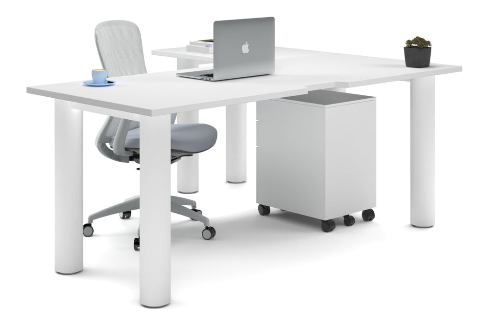 Quadro Cylinder Leg - L Shaped Corner Office Desk  [1800L x 1550W with Cable Scallop]-white leg white none