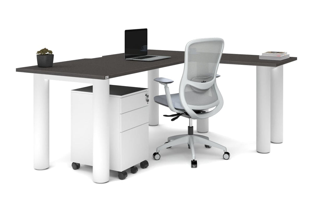 Quadro Cylinder Leg - L Shaped Corner Office Desk  [1800L x 1550W with Cable Scallop]-black leg dark oak metal modesty panel