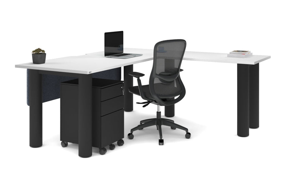 Quadro Cylinder Leg - L Shaped Corner Office Desk  [1800L x 1550W with Cable Scallop]-black leg dark oak metal modesty panel