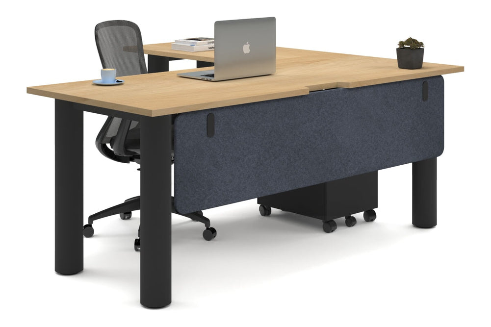 Quadro Cylinder Leg - L Shaped Corner Office Desk  [1800L x 1550W with Cable Scallop]-black leg maple dark grey acoustic modesty panel (350H x 1600W)