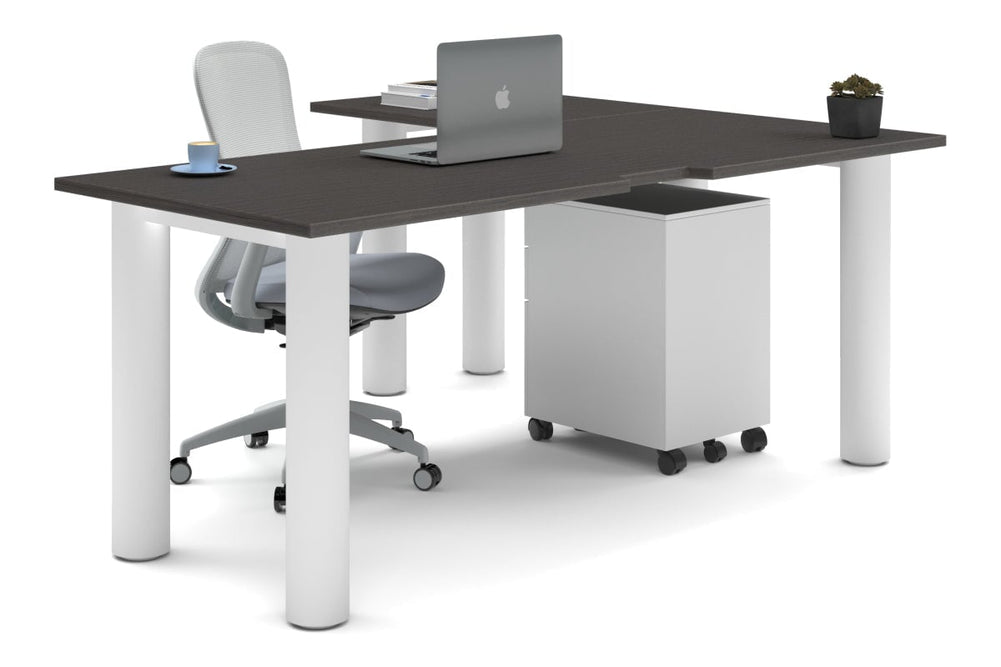 Quadro Cylinder Leg - L Shaped Corner Office Desk  [1800L x 1550W with Cable Scallop]-white leg dark oak none