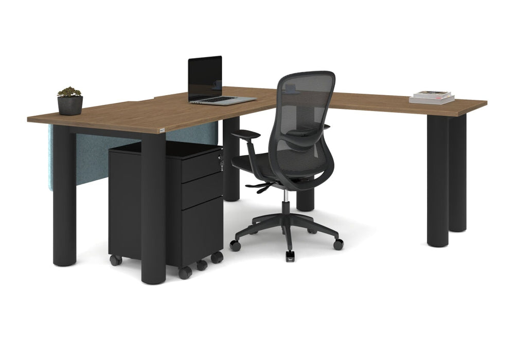 Quadro Cylinder Leg - L Shaped Corner Office Desk  [1800L x 1550W with Cable Scallop]-black leg dark oak metal modesty panel
