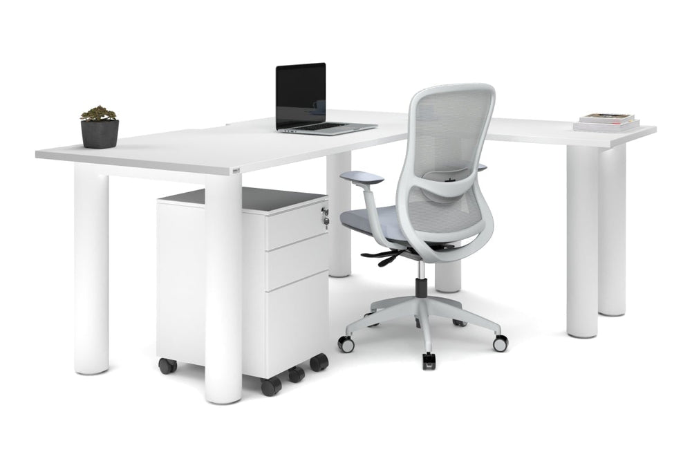 Quadro Cylinder Leg - L Shaped Corner Office Desk  [1800L x 1550W with Cable Scallop]-black leg dark oak metal modesty panel