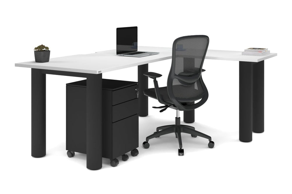 Quadro Cylinder Leg - L Shaped Corner Office Desk  [1800L x 1550W with Cable Scallop]-black leg dark oak metal modesty panel