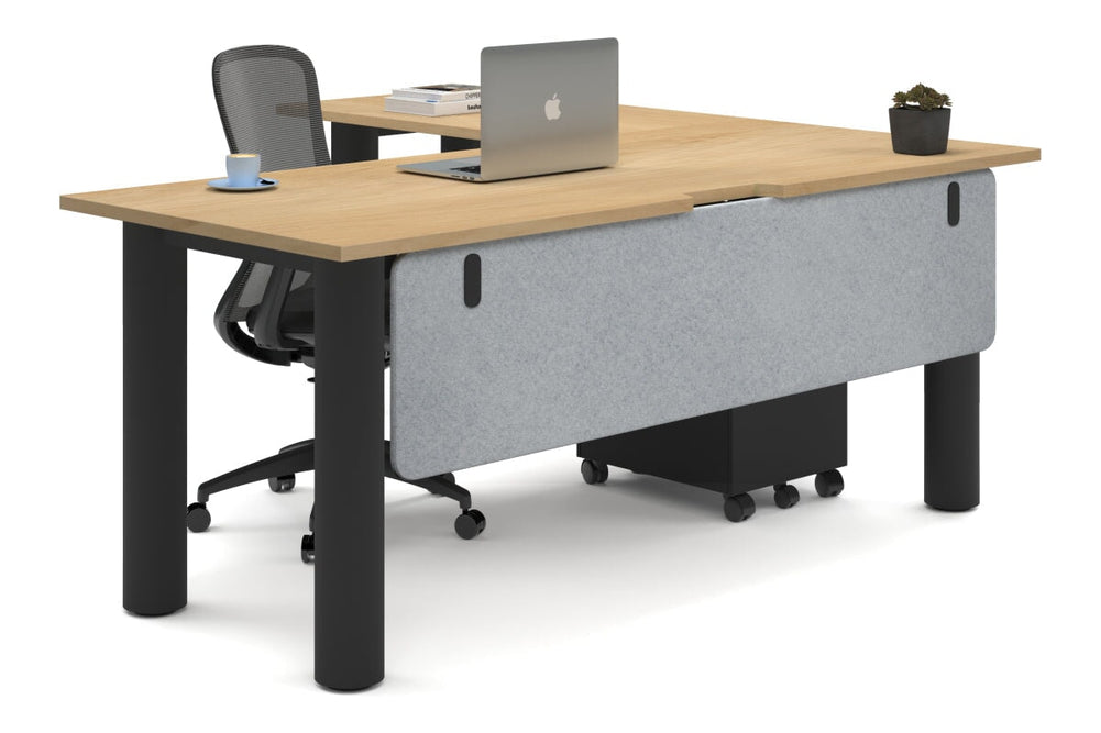 Quadro Cylinder Leg - L Shaped Corner Office Desk  [1800L x 1550W with Cable Scallop]-black leg maple light grey acoustic modesty panel (350H x 1600W)