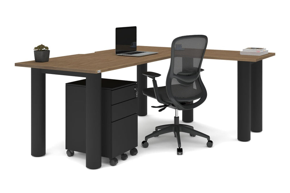 Quadro Cylinder Leg - L Shaped Corner Office Desk  [1800L x 1550W with Cable Scallop]-black leg dark oak metal modesty panel