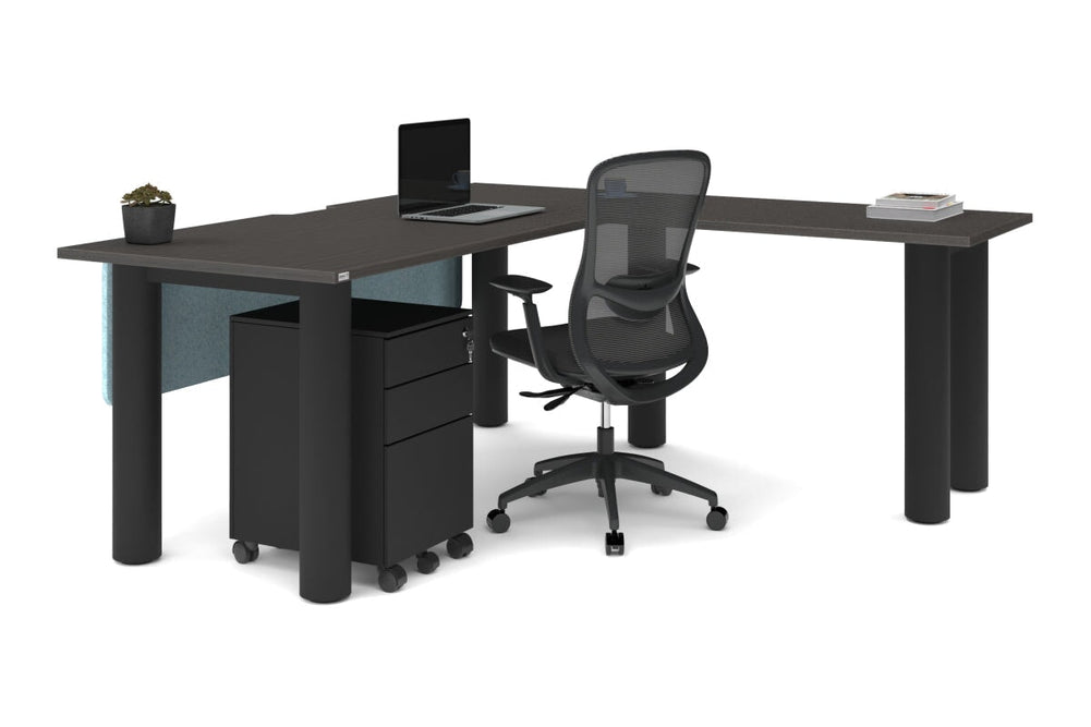Quadro Cylinder Leg - L Shaped Corner Office Desk  [1800L x 1550W with Cable Scallop]-black leg dark oak metal modesty panel