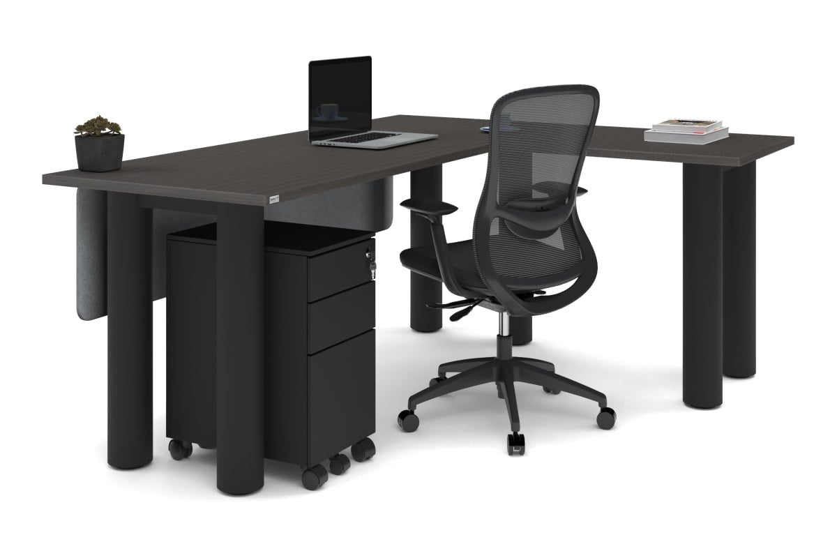 Quadro Cylinder Leg - L Shaped Corner Office Desk  [1800L x 1700W]-black leg dark oak metal modesty panel