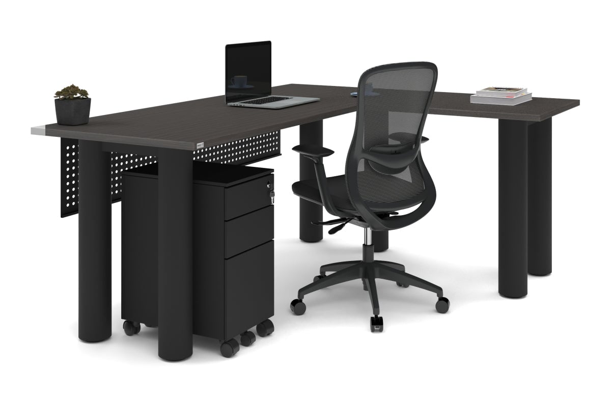 Quadro Cylinder Leg - L Shaped Corner Office Desk  [1800L x 1700W]-black leg dark oak metal modesty panel