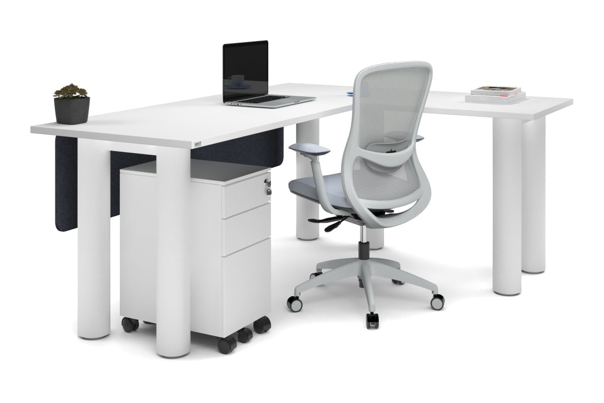 Quadro Cylinder Leg - L Shaped Corner Office Desk  [1800L x 1700W]-black leg dark oak metal modesty panel