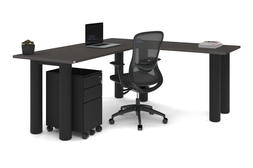 Quadro Cylinder Leg - L Shaped Corner Office Desk  [1800L x 1700W]-black leg dark oak metal modesty panel