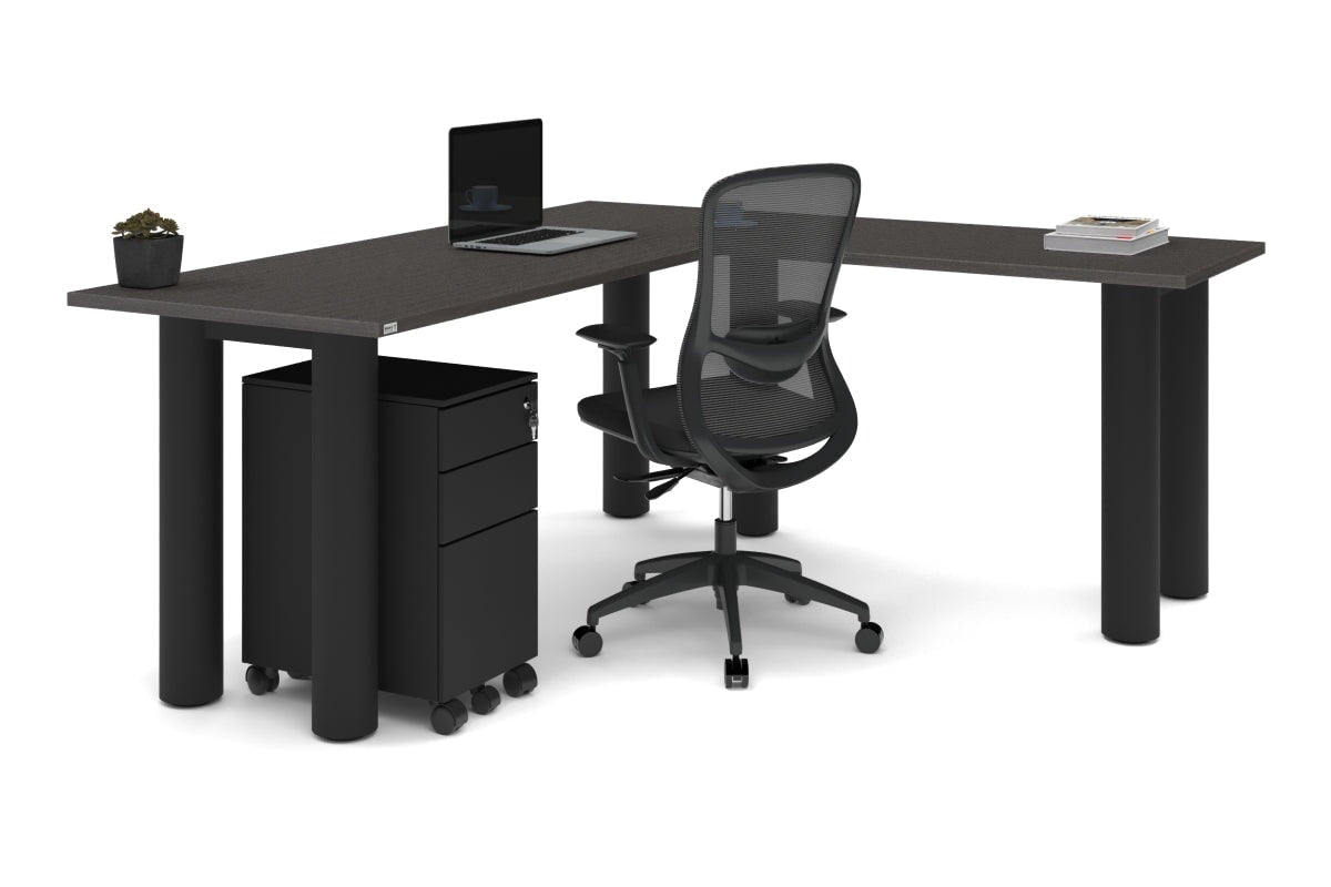 Quadro Cylinder Leg - L Shaped Corner Office Desk  [1800L x 1700W]-black leg dark oak metal modesty panel