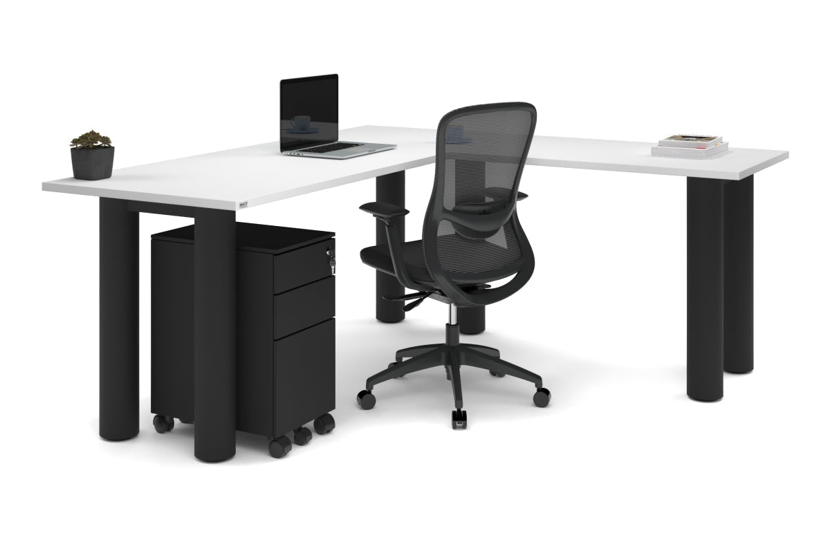 Quadro Cylinder Leg - L Shaped Corner Office Desk  [1800L x 1700W]-black leg dark oak metal modesty panel