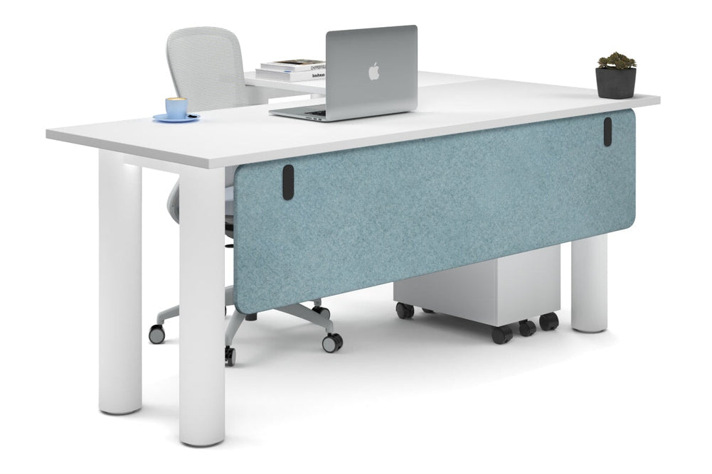 Quadro Cylinder Leg - L Shaped Corner Office Desk  [1800L x 1700W]-white leg white blue acoustic modesty panel (350H x 1600W)