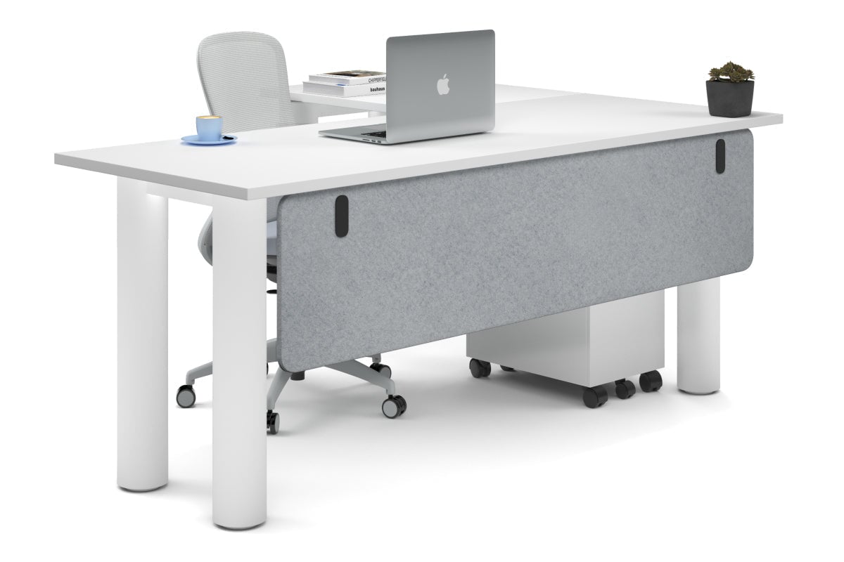 Quadro Cylinder Leg - L Shaped Corner Office Desk  [1800L x 1700W]-white leg white light grey acoustic modesty panel (350H x 1600W)