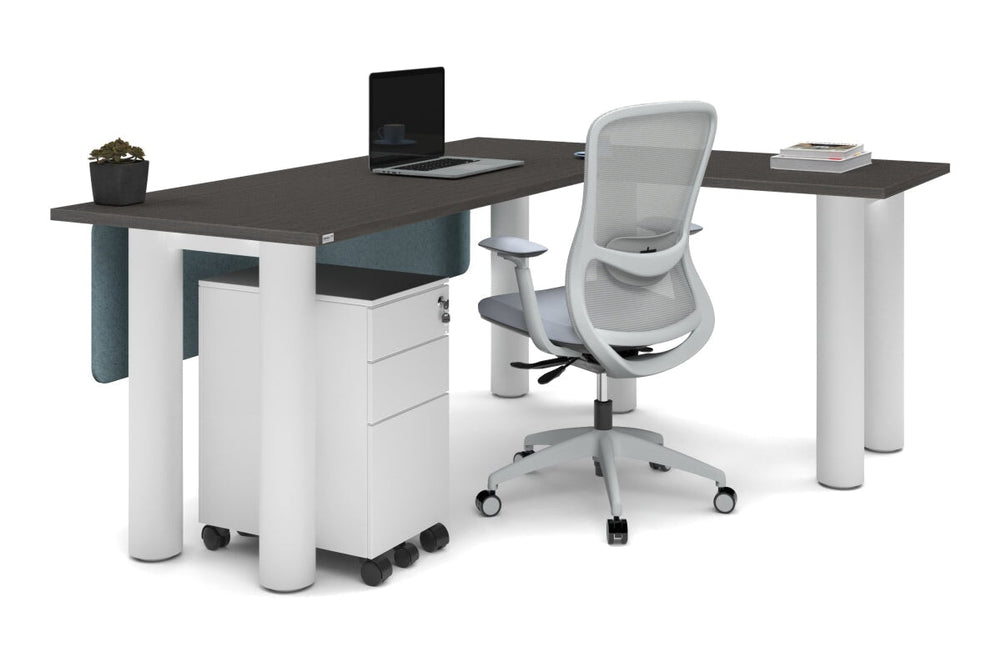 Quadro Cylinder Leg - L Shaped Corner Office Desk  [1800L x 1700W]-black leg dark oak metal modesty panel